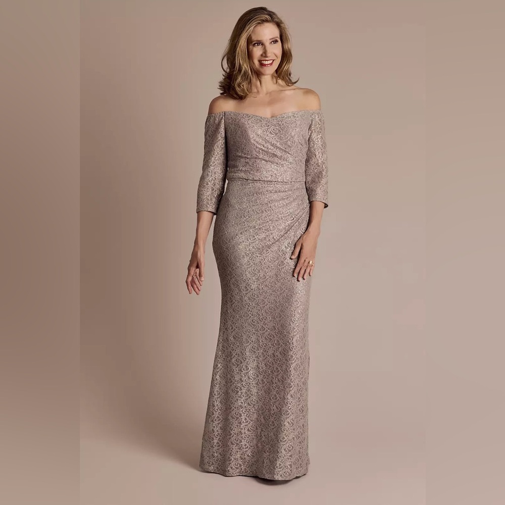 Oleg Cassini Long Sleeve Lace Dress in Taupe